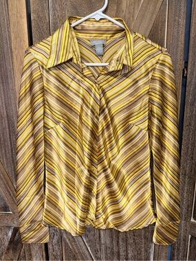 Old Navy Brown and Yellow Striped Satin Blouse
